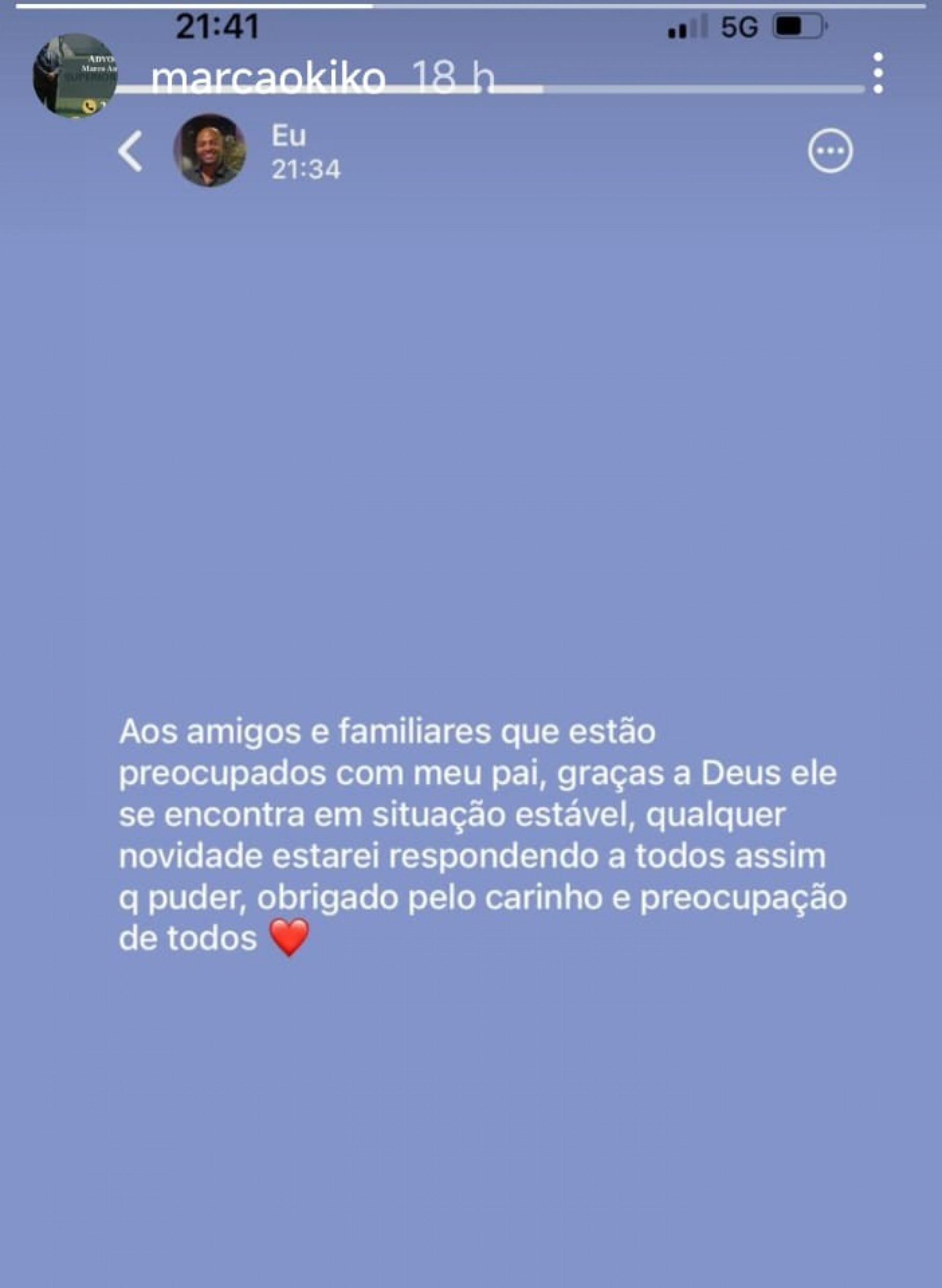 O filho do ex-vereador fez uma postagem nas redes sociais afirmando que o pai estava bem - Reprodução / Redes Sociais
